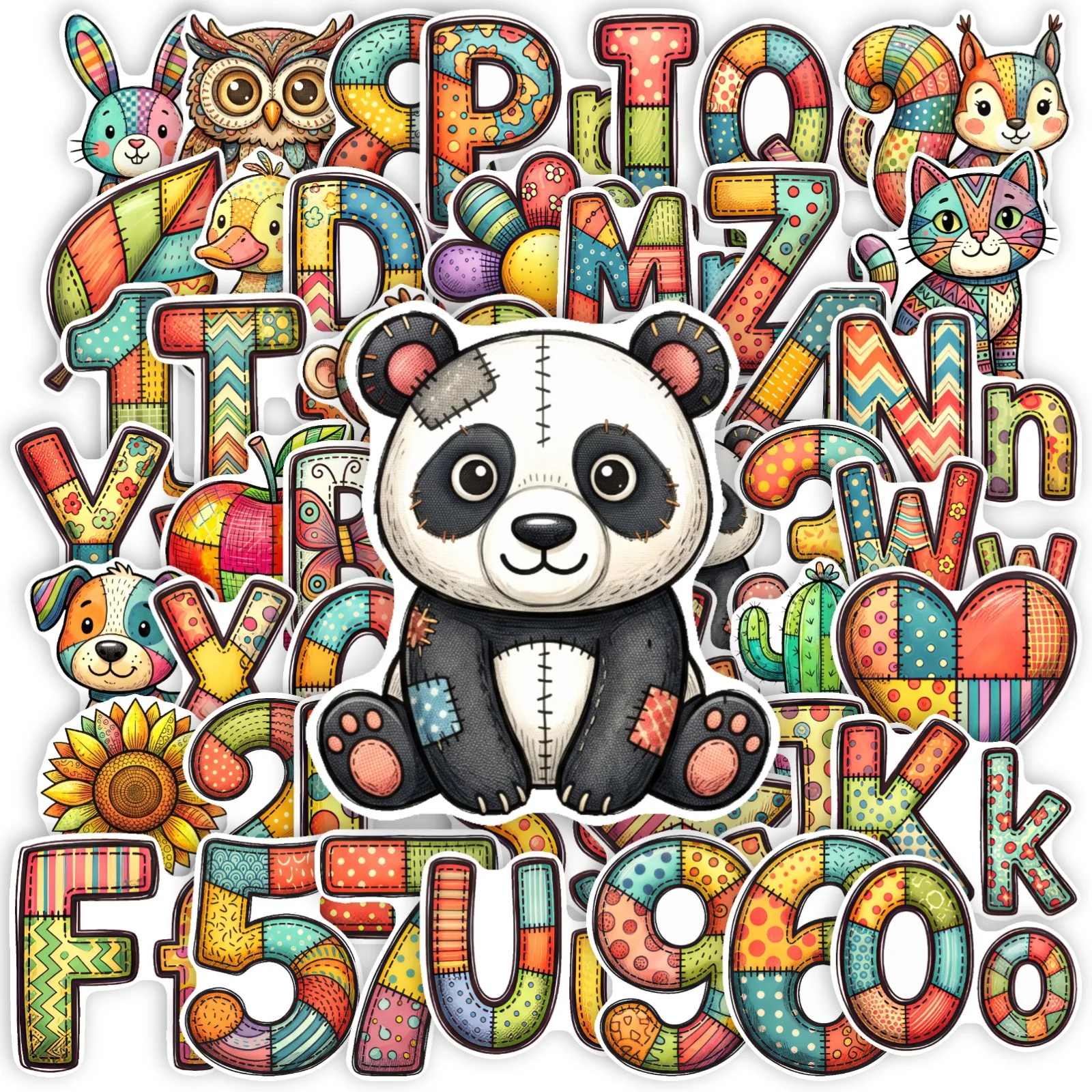 50 PCS Colorful Patchwork Style Alphabet & Number & Animal Cartoon Fun Early Education Removable Waterproof Decals