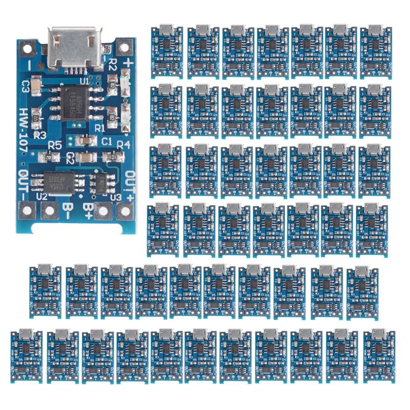 마이크로 USB 18650 리튬 배터리 충전 보드, TP4056, 5V 1A 충전기 모듈, 블루 PCB, 50 개