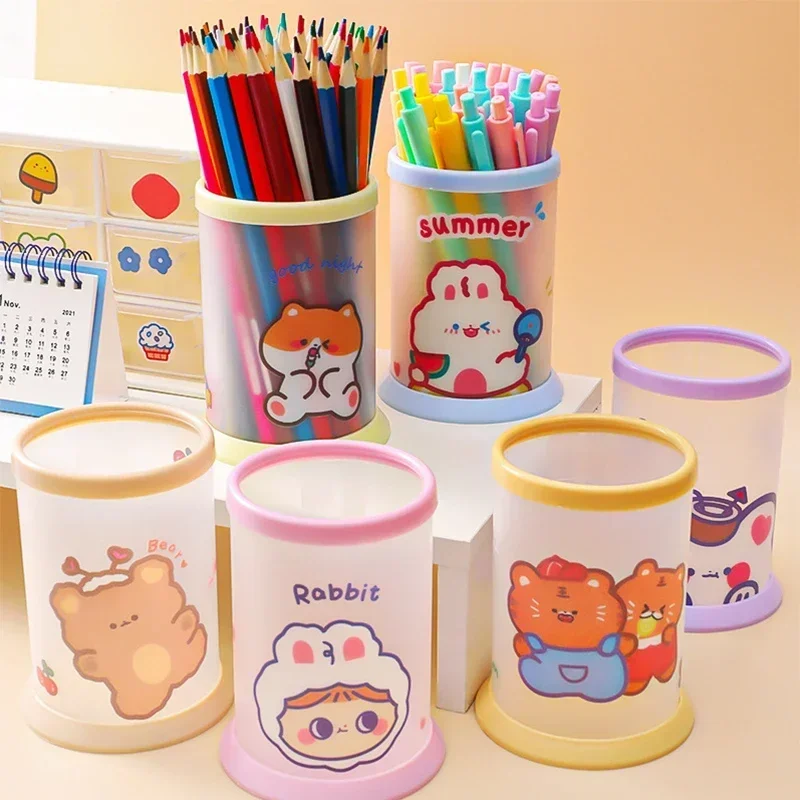 1PC Kawaii Round Pen Holder Office Stationery Plastic Desk Organizer Cute Storage Organizer School Supplies for Kids Removable