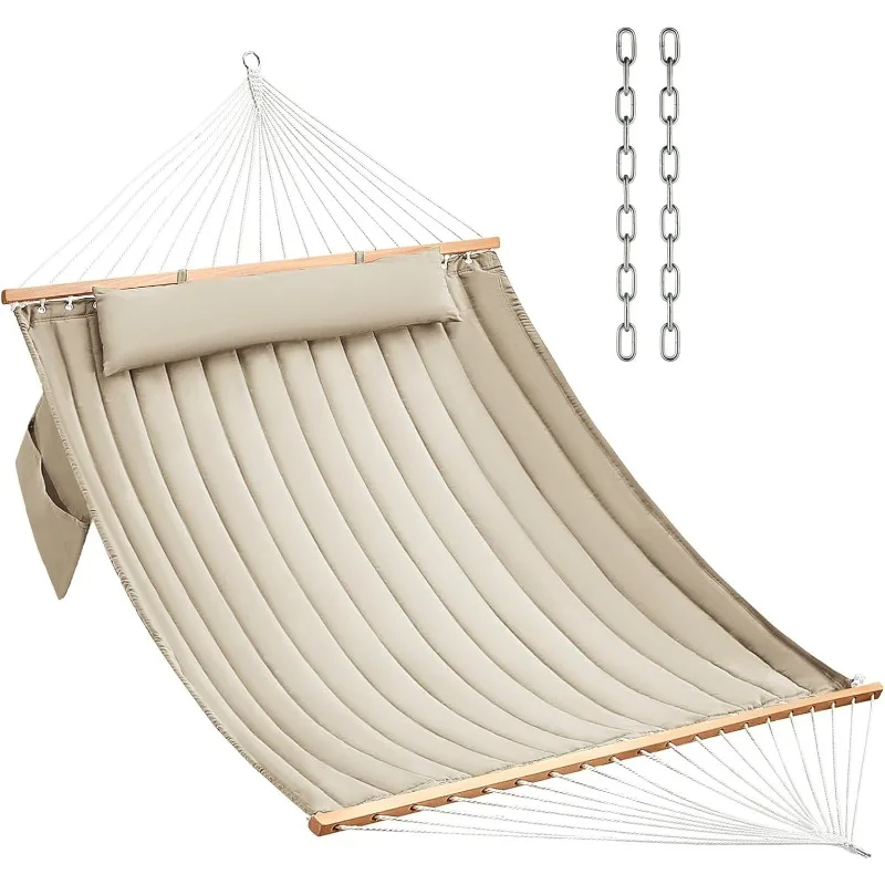 

Double Quilted Fabric Hammock with Hardwood Poles and Pillows, 450 lbs, Sleeps 2, Large Hammock