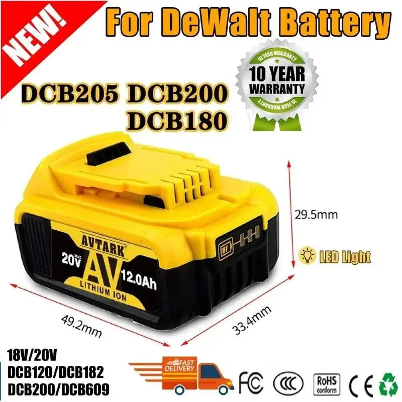 

For DeWalt 20V 20 Volt Max 6.0AH Lithium Battery DCB206-2 DCB205-2 DCB200 DCB182 DCB180 DCB181 DCB182 DCB201