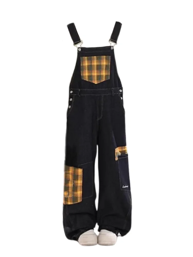 Plus Size Damen Denim Overalls Hohe Taille Ort Hosen Mehrere Ketten Plaid Design Frühherbst American Retro School Sl...