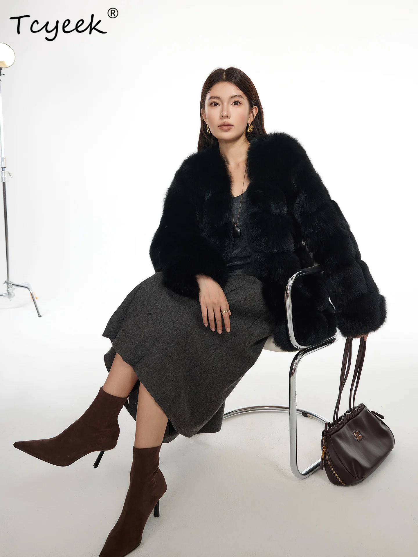 Tcyeek Wool Autumn Winter High End Trendy V-neck Black Fox Fur Medium Long Women's Wool Shearling Fur Coat Fourrures Femme