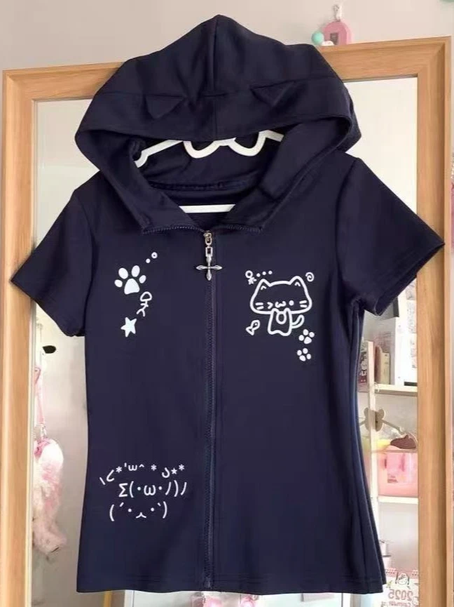 

Футболка с капюшоном в стиле Y2K, с вышивкой в стиле кавайи, женская, в японском стиле, приталенная, на молнии, в стиле гранж, повседневная уличная одежда, 2026
