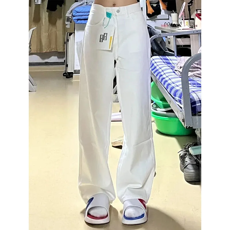 

Korean Female High Waisted White Pantalons Women Narrow Edition Cowboy Trousers Spring Summer Lady Straight Wide Leg Denim Pants