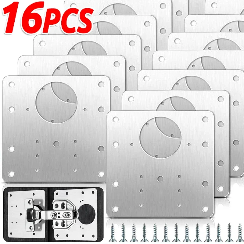 2/16PCS Stainless Steel Hinge Repair Plate Hardware Cabinet Flat Screws Fixing Brace Brackets Cupboard Door Hinge Mounting Tools