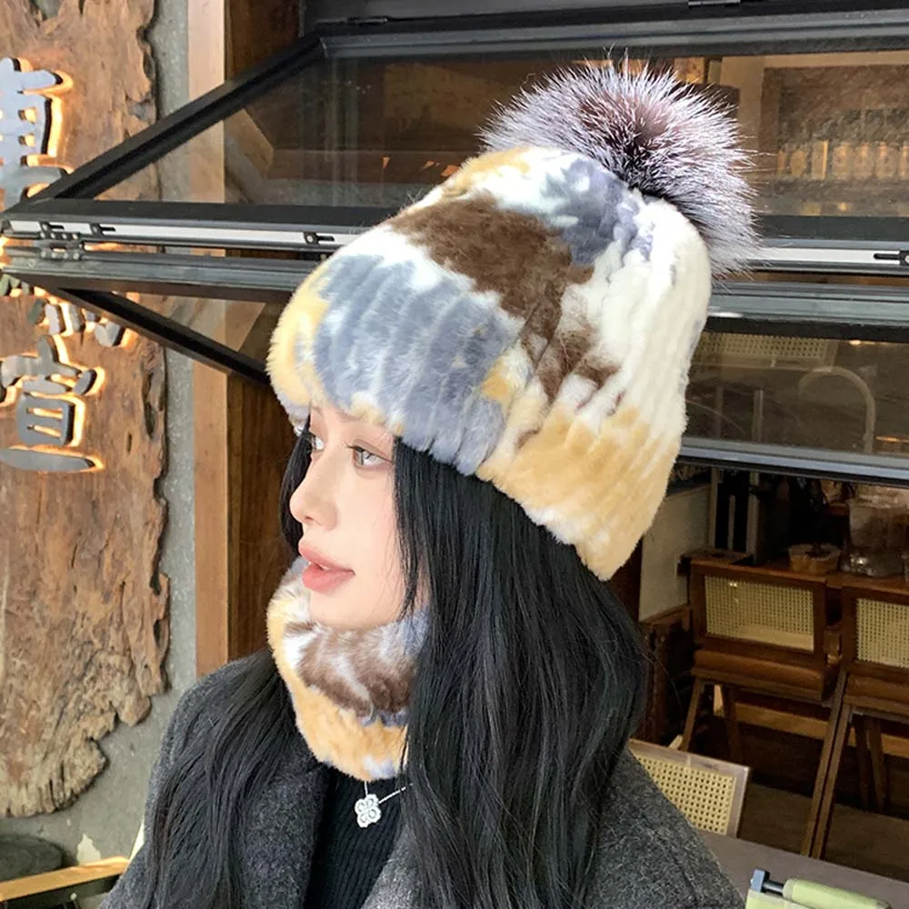 النساء الشتاء ريكس الأرنب الفراء قبعة الرقبة أدفأ موضة الدافئة الإناث ريال فوكس الفراء Pompom الكرة قبعات ريكس الأرنب الفراء الرقبة أدفأ مجموعة #4