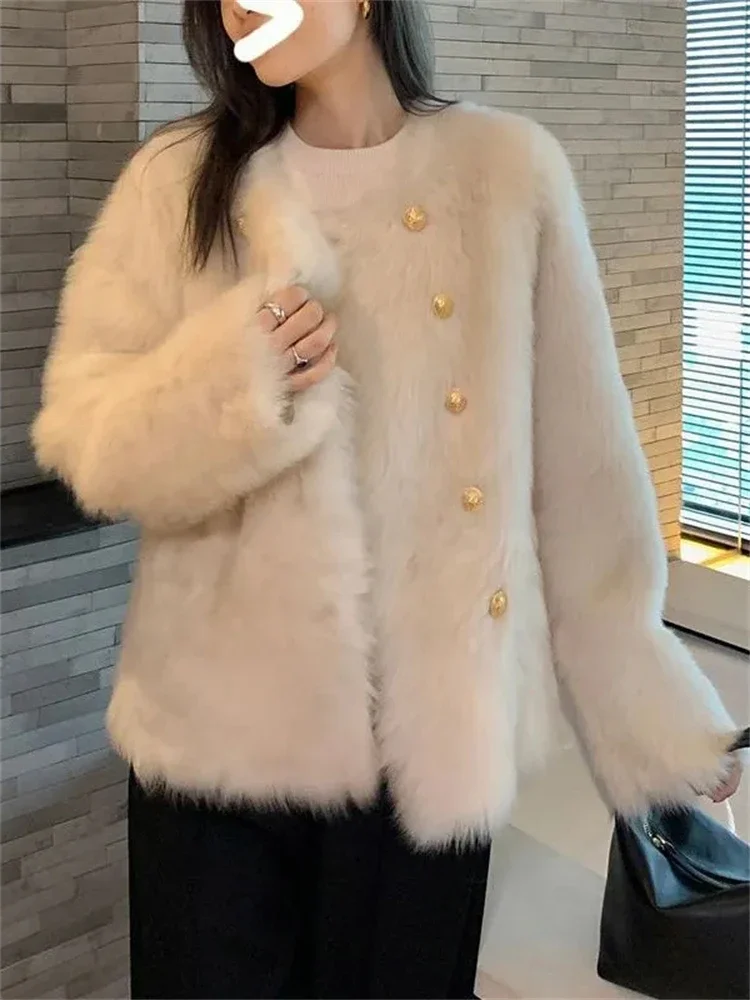 

Winter Faux Fox Fur Coats Loose Thick Vintage Furry Casaco Metal Button Double Breasted Jaqueta Feminina Korean Plush Chaquetas