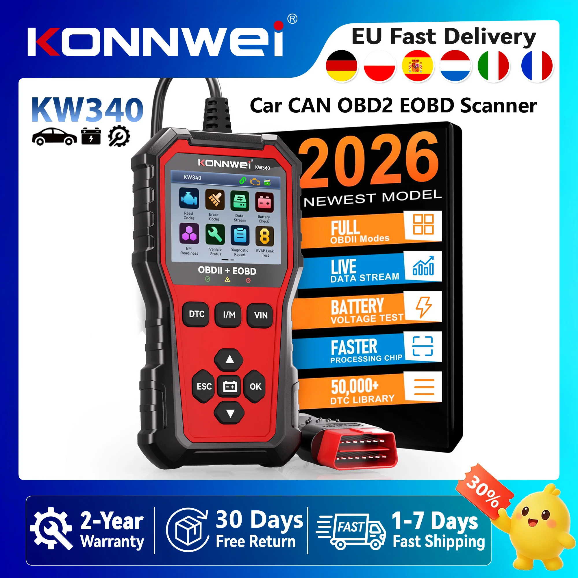 2026 KONNWEI KW340 Scanner Diagnostico Auto CAN EOBD OBD2 Strumento Diagnostico Test Motore e Batteria Lettura Codici di Errore Cancella Scanner Strumenti per Riparazione Auto Spedizione Gratuita