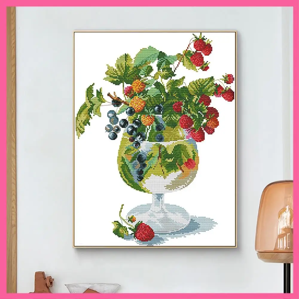 HOT-Cross Stitch Stamped Kits 14CT Printed Embroidery Cloth Needlepoint Kits Easy Patterns For Strawberry And Wine Glass