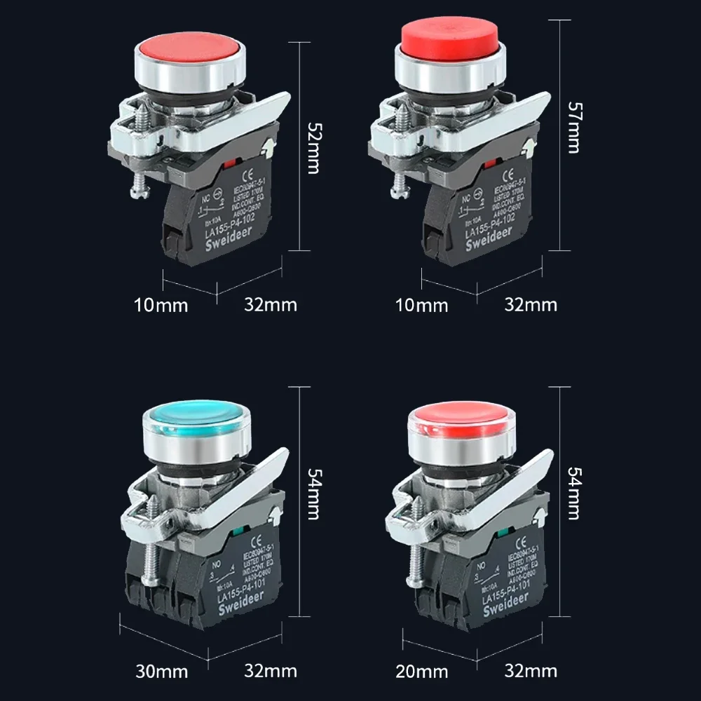 Button Switch Momentary Self Reset XB4 Flat High Head 22mm Power Push Button Switch with Light XB4-BA42 BA31 BA51 10A NC/NO Red