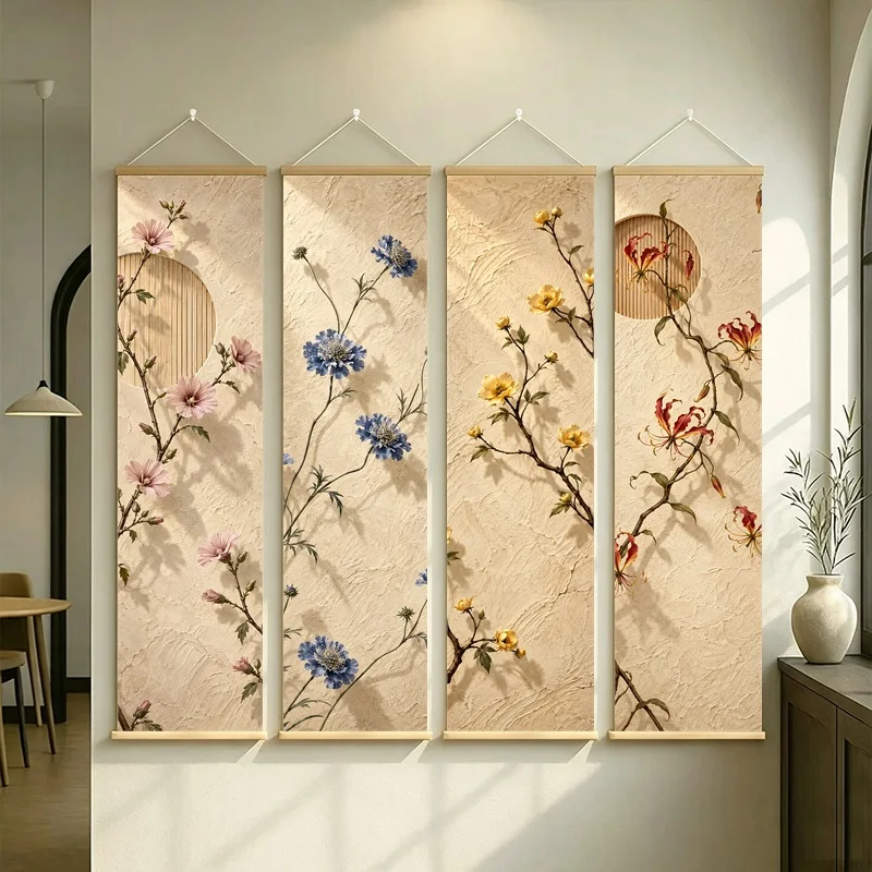 Wall Art Tree Mallow and Gloriosa Lily, Serene Wabi-Sabi Botanical Silver Shimmer Canvas Hanging Scroll for Spa Room Decor