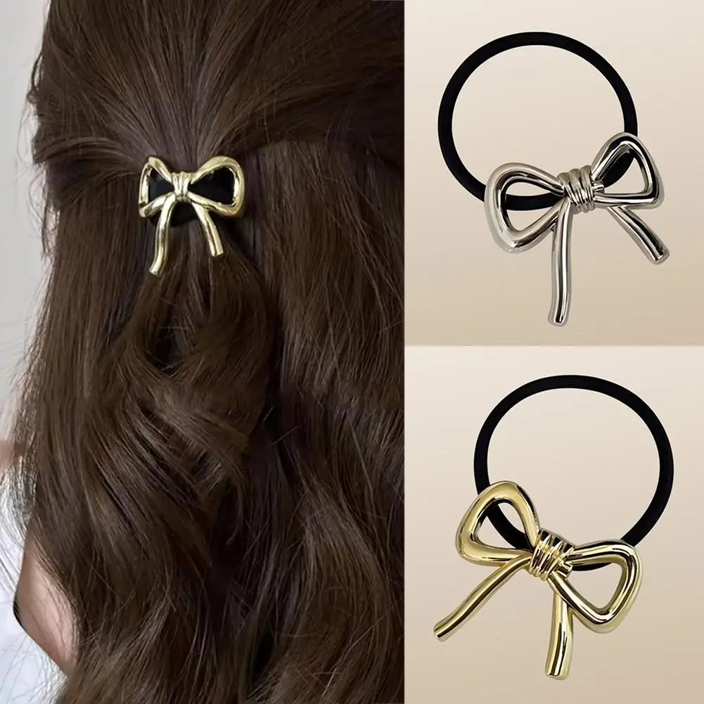 Korean Exquisite Metal Bow Hair Rope for Women Ponytail Headstring Elastic Hair Band Simple Elegant Hair Tie Hair Accessories