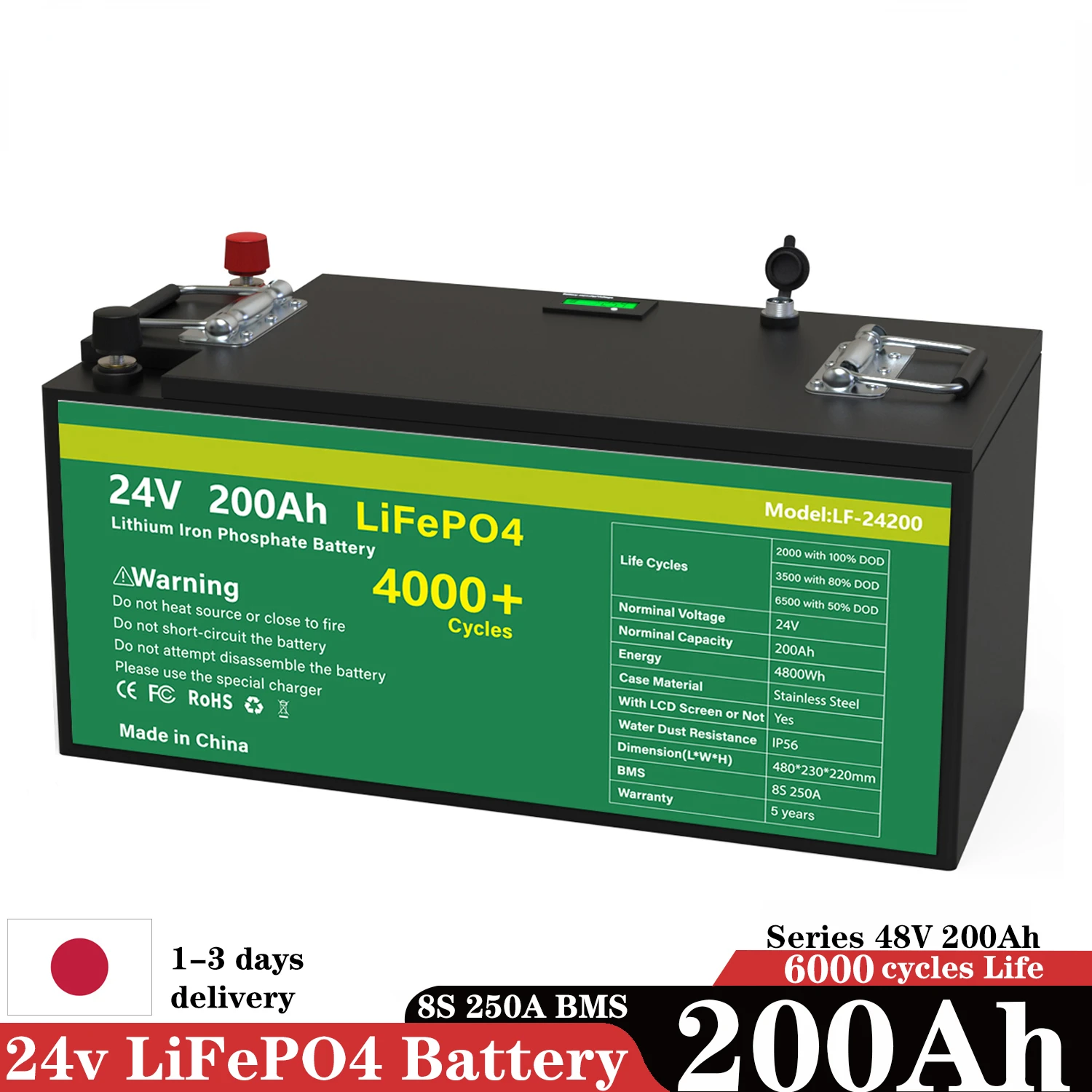 New 24V 200Ah LiFePO4 Battery Pack 5KW 8S250A BMS 6000 Cycle 48V Lithium Iron Phosphate Solar Battery ip5 For RV Car Boat No Tax