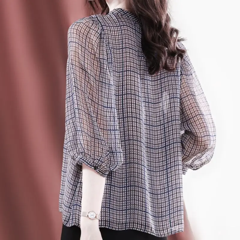 Fashion Printed All-match Lattice Chiffon Blouse Women\'s Clothing 2024 Spring New Oversized Casual Pullovers Office Lady Shirt