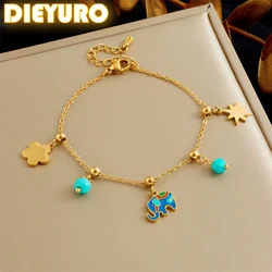 DIEYURO 316L Stainless Steell Flowers Star Colored Enamel Elephant Pendant Bracelet For Women New Trend Hand Chain Jewelry Gift