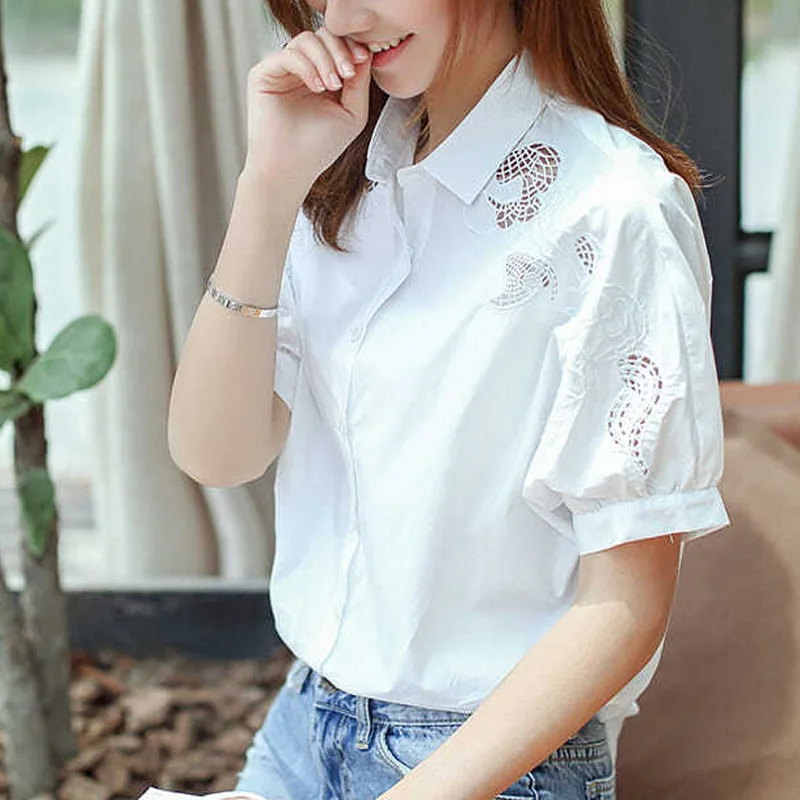 White Embroidered Hollow Out Blouse Women New Short Sleeve Polo Collar Office Single-breasted Lady All-match Chiffon Shirt