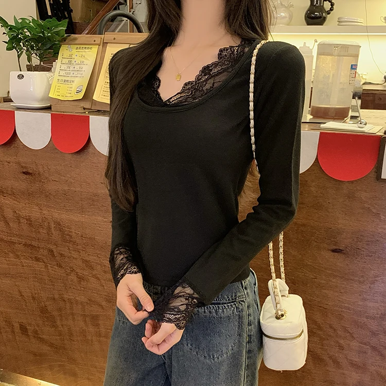 2026 Herbst Winter Damen T-Shirt Spitze Schlankes Basis-T-Shirt Elegantes Vielseitiges Strick-Layering-Oberteil mit Langen Ärmeln für Damen Neu eingetroffenes T-Shirt – Detail 9