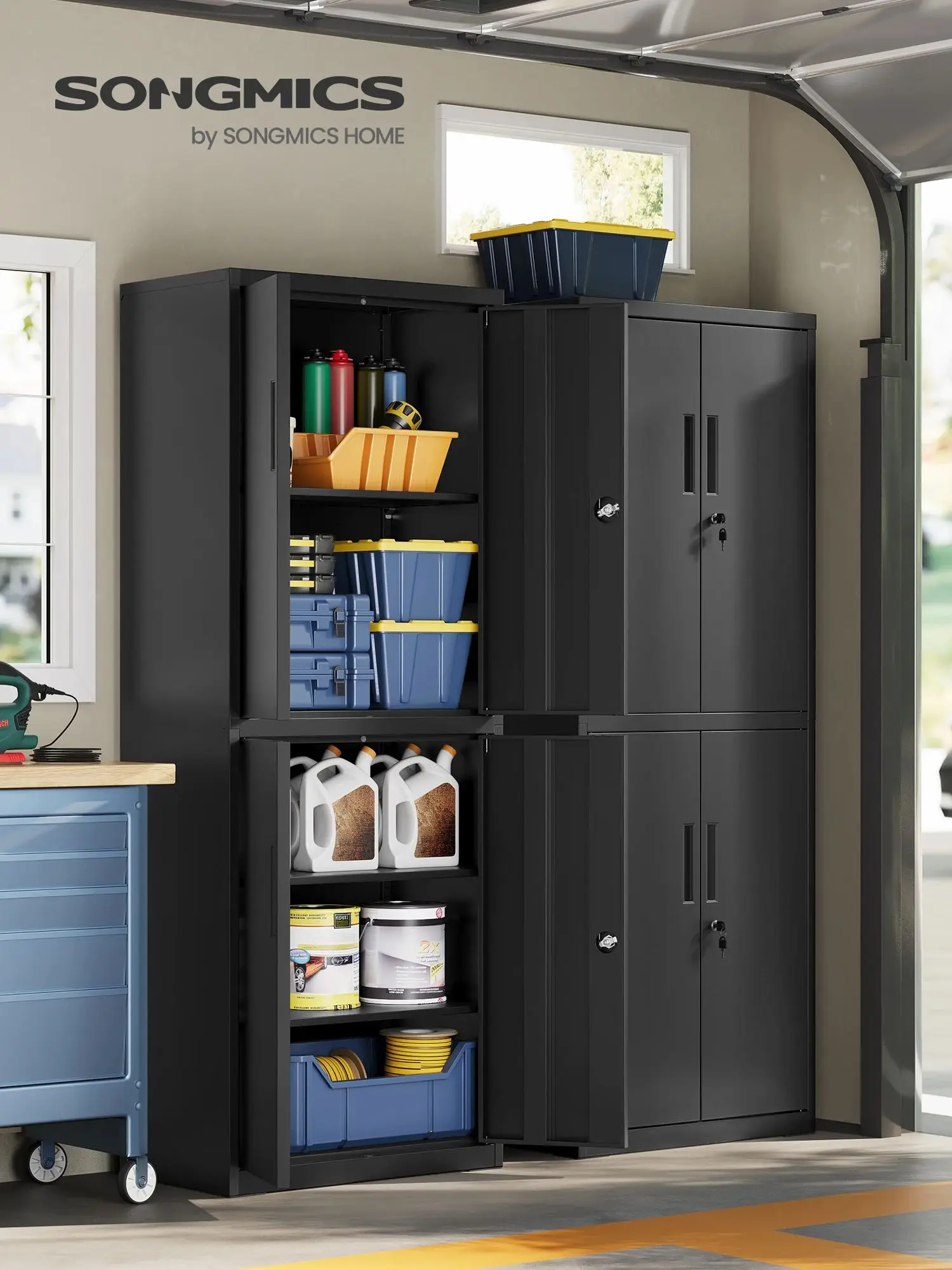 SONGMICS Aktenschrank, Aufbewahrungsschrank, 40 x 60 x 180 cm, 4 Schranktüren und 2 Schlösser, schwarz