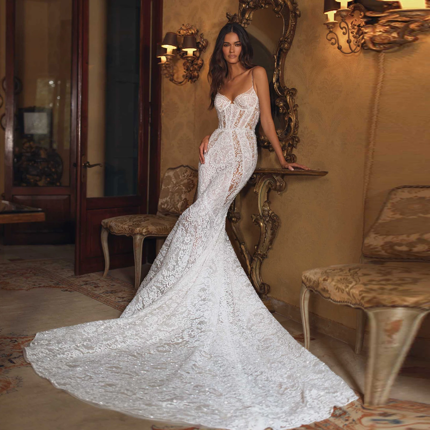 

Sharon Said Elegant Mermaid Sweetheart Off White Lace Wedding Dress 2025 Sexy Corset Court Train Bride Gowns SW210 Customized