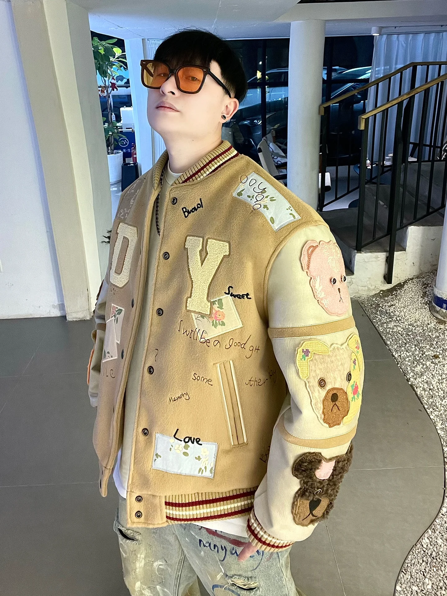 

Heavy Embroidery Woolen Baseball Jaet Thiened Autumn Winter Coat for Couples Youth Trend Loose Fit Retro Sle Cotton