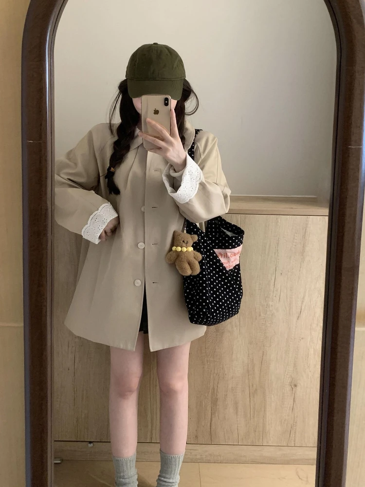 

Loose Casual Khaki Color Women's Coat Spring Autumn Seasonal Long Sleeve Collar Mid-Length Single Button Fastening Windb...