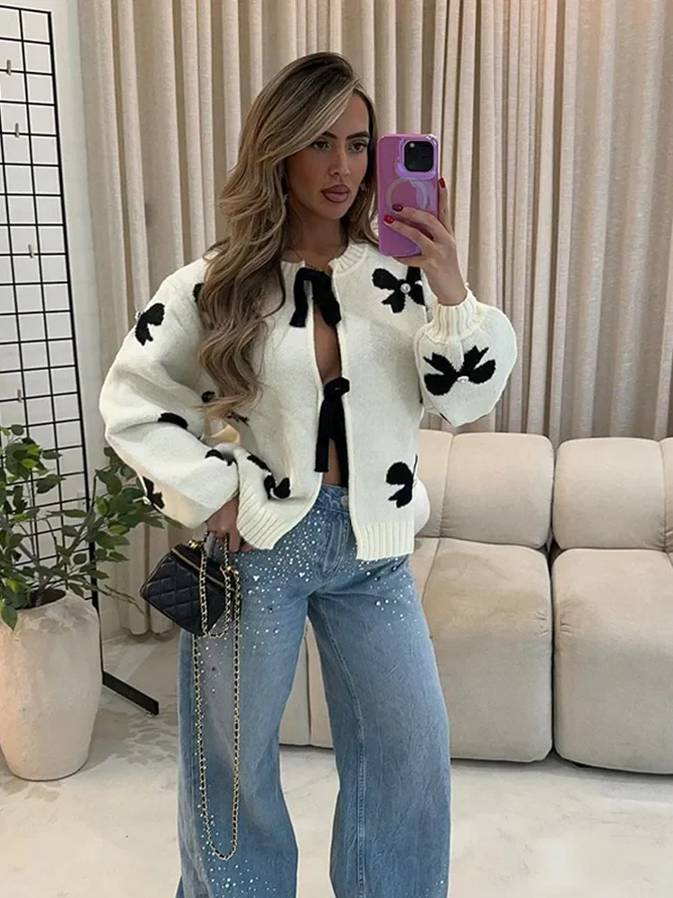 Printed Contrast Lace Up O-neck Knitted Cardigan Elegant Long Sleeved Casual Women's Sweater 2024 Ladies Autumn Sweet Outerwers