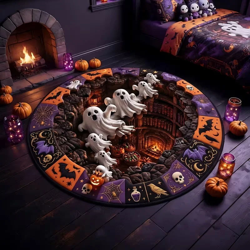 Round Halloween 3D Vortex Visual Area Rug, Octopus Tentacle Patchwork Quilt Style Hole Illusion Home Floor Rug