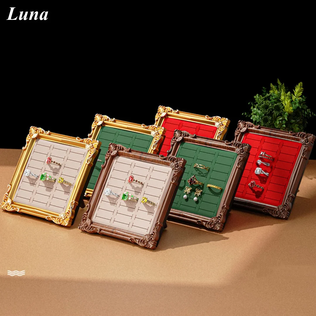 

Vintage Ring Holder Rectangle Gold Ring Wedding Display Suede Jewelry Box Stand Frame Earring Tray Anniversary Engagement Baroqu