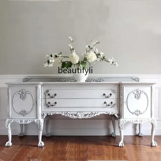 

D36European-Style Carved Locker Retro Complete Solid Wood Sideboard Light Luxury Lobby Entrance Cabinet