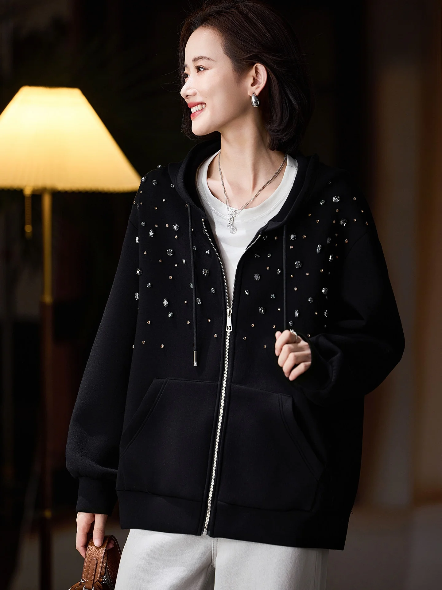 

Casual Bla Rhinestone Jaet Women's plus Size Autumn Faion Loose Street Sle Polyester Cotton Blend Long Sve Coat