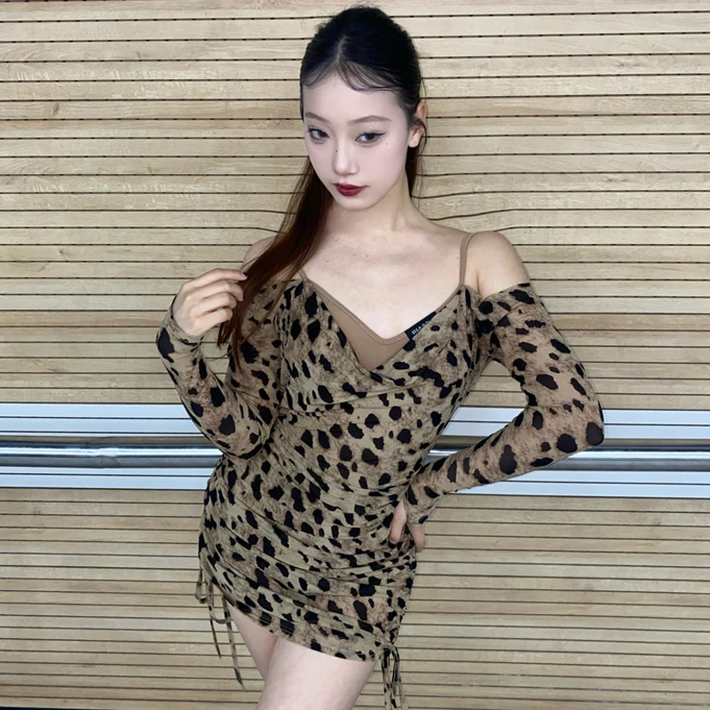 

Adults Long Sleeves Latin Dance Leopard Dress Sexy Backless Latin Dance Dress Women Chacha Ballroom Dance Practice Wear SL15001