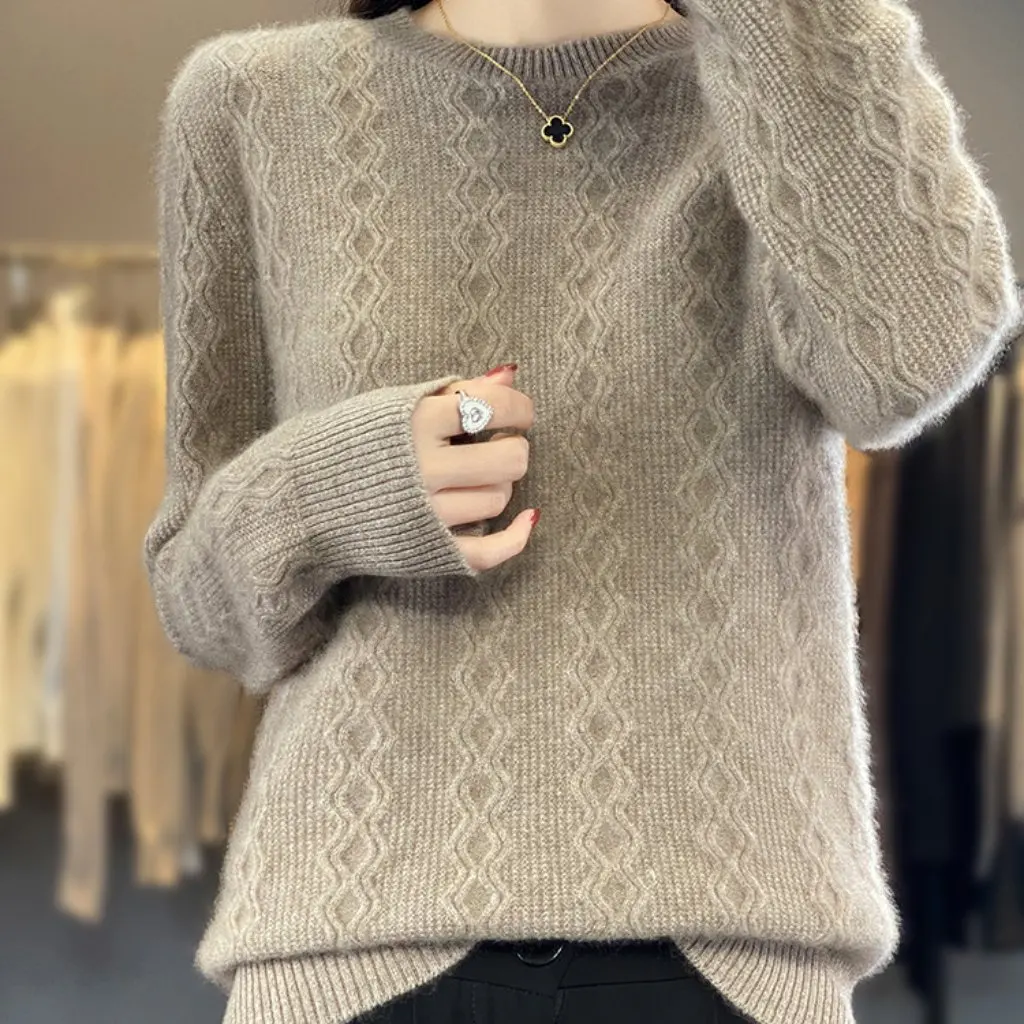 

Women's Autumn Winter Wool Sweater Crewneck Pullover Korean Style Loose All-match Twist Knitted Base Shirt