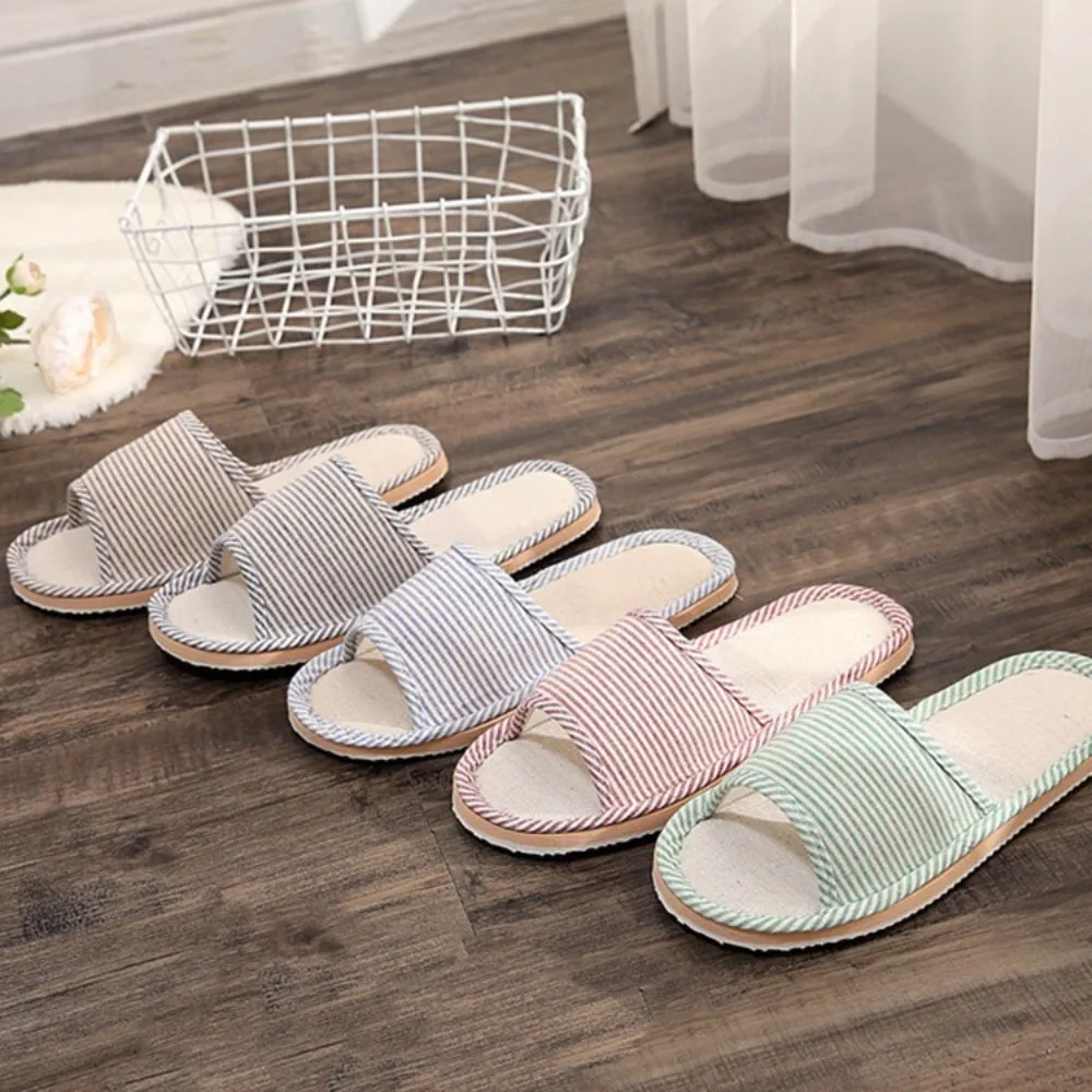 

Удобные нескользящие домашние льняные тапочки, полосатые льняные домашние тапочки с открытым носком, гигиеническая домашняя одежда, обувь для спальни