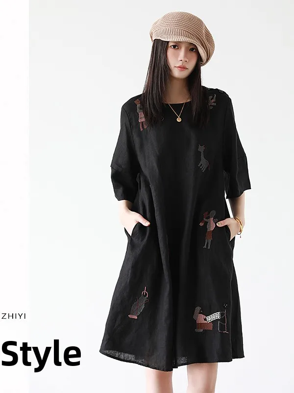 Grande taille imprimé fleuri lin coton irt Dr femmes été 3/4 Sve jupe trapèze minceur dissimulant T-shirt Dr