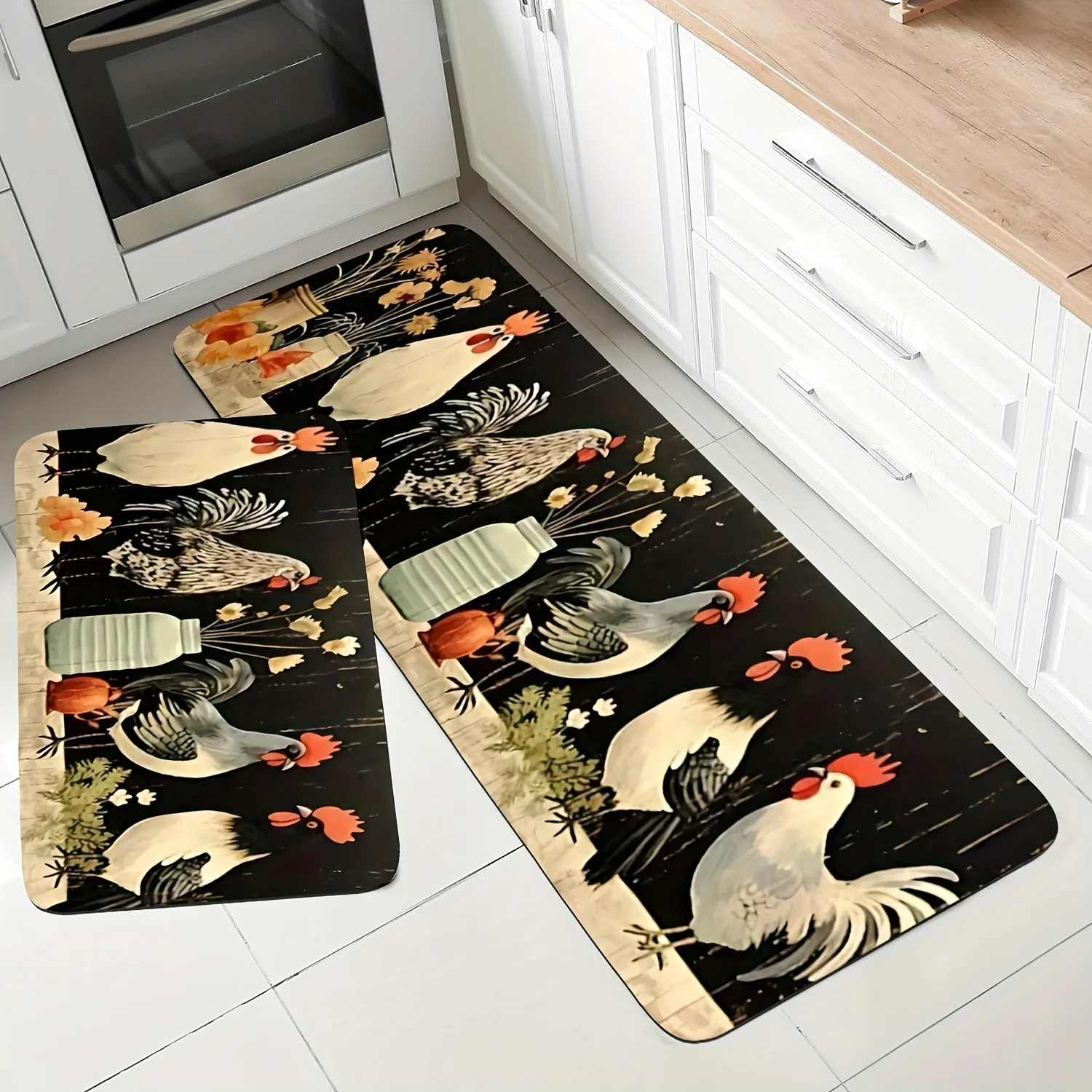 Teppich mit Hahndruck, L-förmiger Küchenteppich, ländlicher Retro-Teppich für Wohnzimmer, Schlafzimmer, Eingangsbereich, dekorativer Teppich
