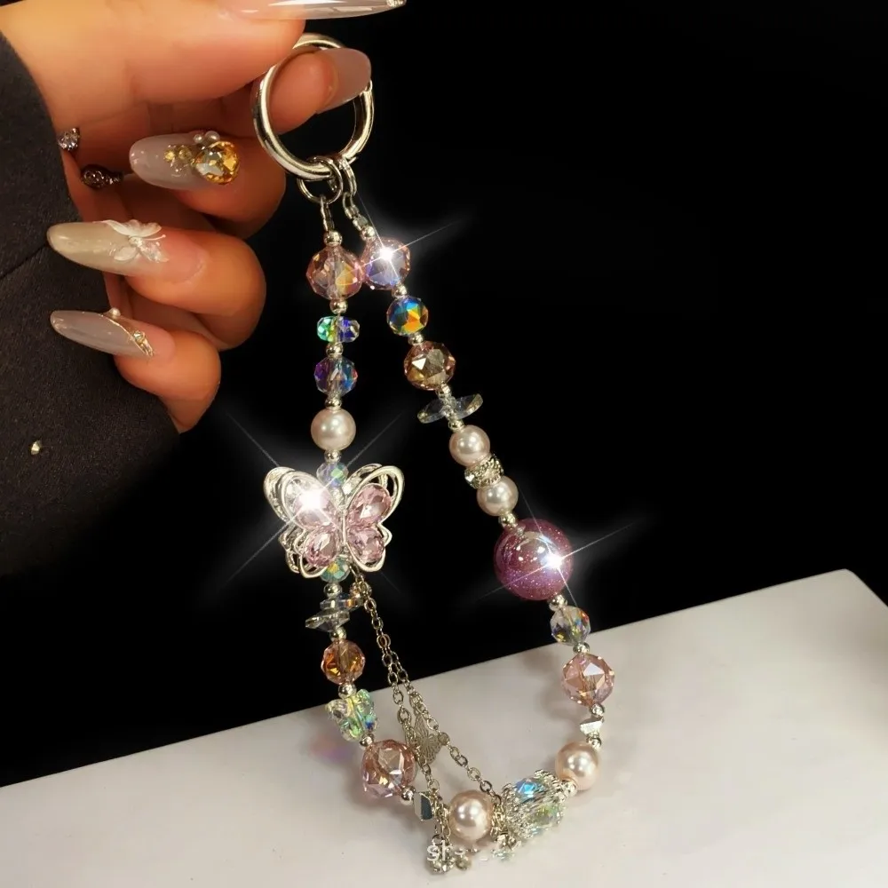 

Butterfly Crystal Bead Phone Strap Pearl Wrist Chain Cell Phone Chain Sparkling Handheld Mobile Phone Lanyard