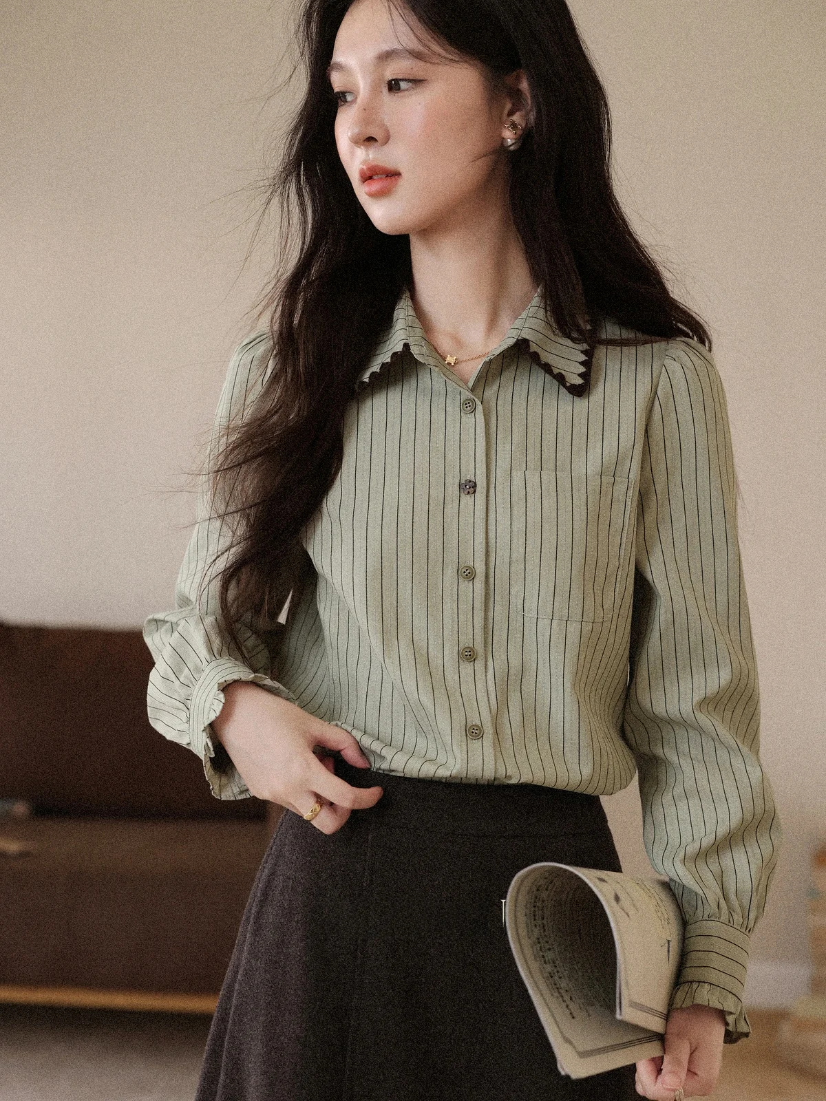 

Deep Forest Deer South Sle Women's irt Collar Long Sve Striped Slim Fit Versatile Spring Faion Casual Loose irt