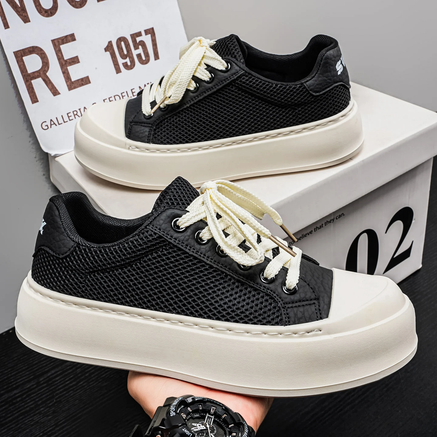 

2026 Summer New Arrival Men's Breathable Mesh Casual Shoes, Thick Sole Elevated Trendy All-match Skate Sneakers