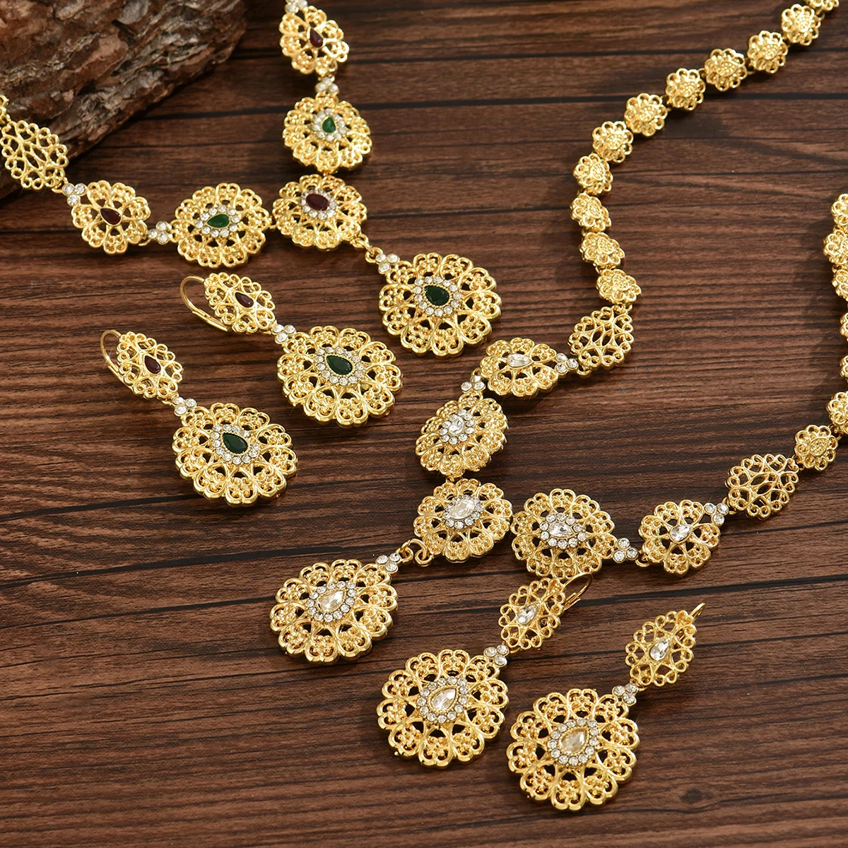 Chic Arabic Bridal Earring Necklace Morocco Wedding Jewelry Sets For Women Gold Color Hollow Water Droplets Pendant