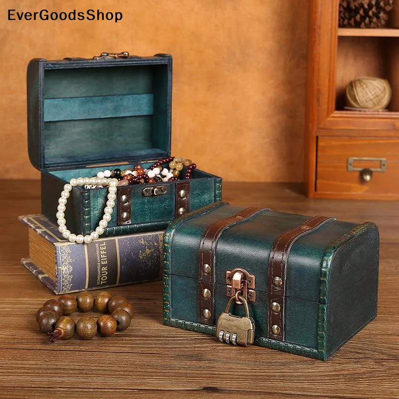 NewRetro Wooden Storage Box With Lock Retro Treasure Jewelry Necklace Postcard And Small Objects Storage Case Trinket Chest