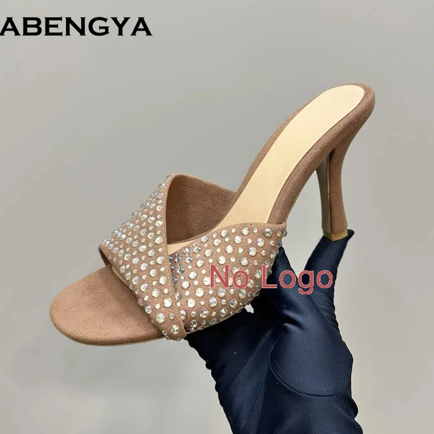 

Летние тапочки на высоком каблуке с кристаллами, женские замшевые шлепанцы, женская обувь-гладиатор, современные сандалии со стразами, женские тапочки
