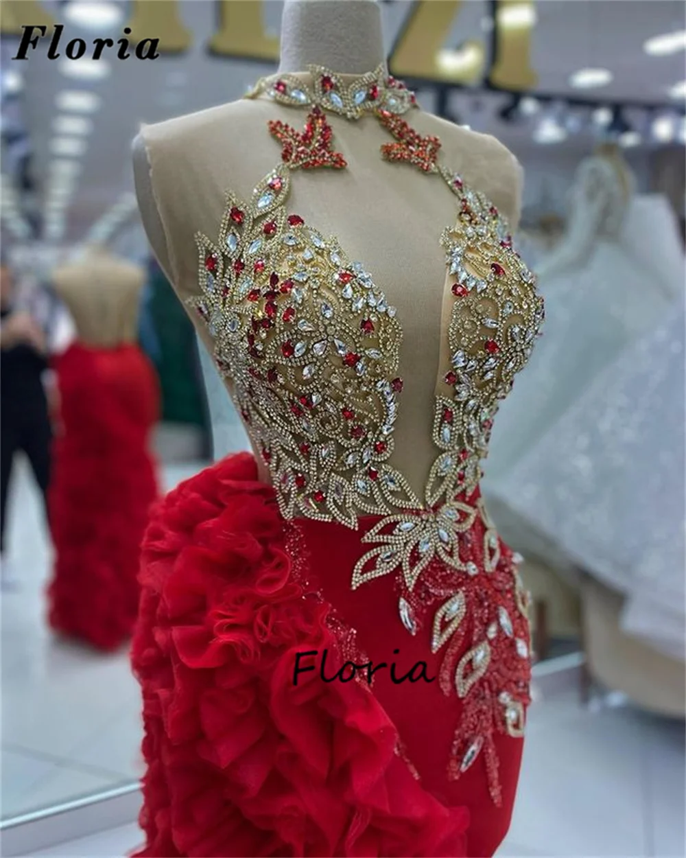 Luxury Red Beaded Evening Dresses Robes De Soiree 2024 Tiered Mermaid Party Dress Arabic Long Women Birthday Engagement Gowns