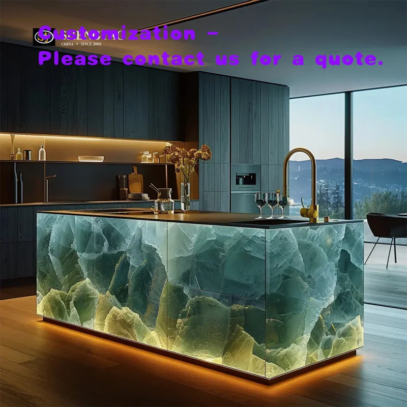 

custom.Illuminated Green Quartz Resin Translucent Stone Kitchen Waterfall Island Bar Countertop