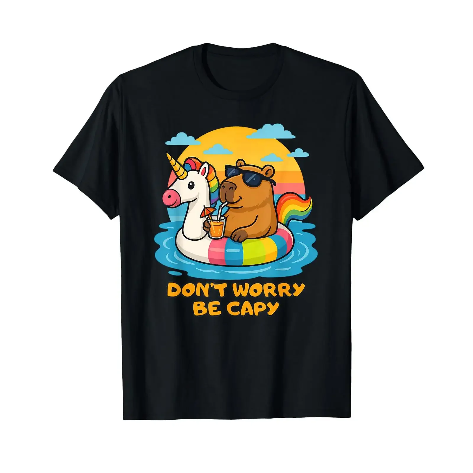 Don't Worry Be Capy Funny Capybara Float Unicorn Summer T Shirt vintage Washed Slightly streetwear Soft fashion