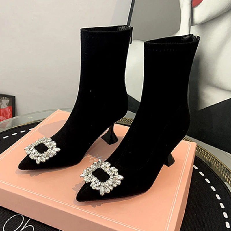 

Ankle Women Crystal Chelsea Boots High Heels Pointed Toe Fashion Winter Shoes 2024 New Designer Sexy Pumps Luxury Zapatos Female