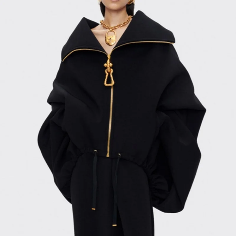 

Модная повседневная куртка на металлической молнии Y2K, высококачественная короткая свободная женская верхняя одежда с воротником-стойкой и рукавами «летучая мышь» на осень