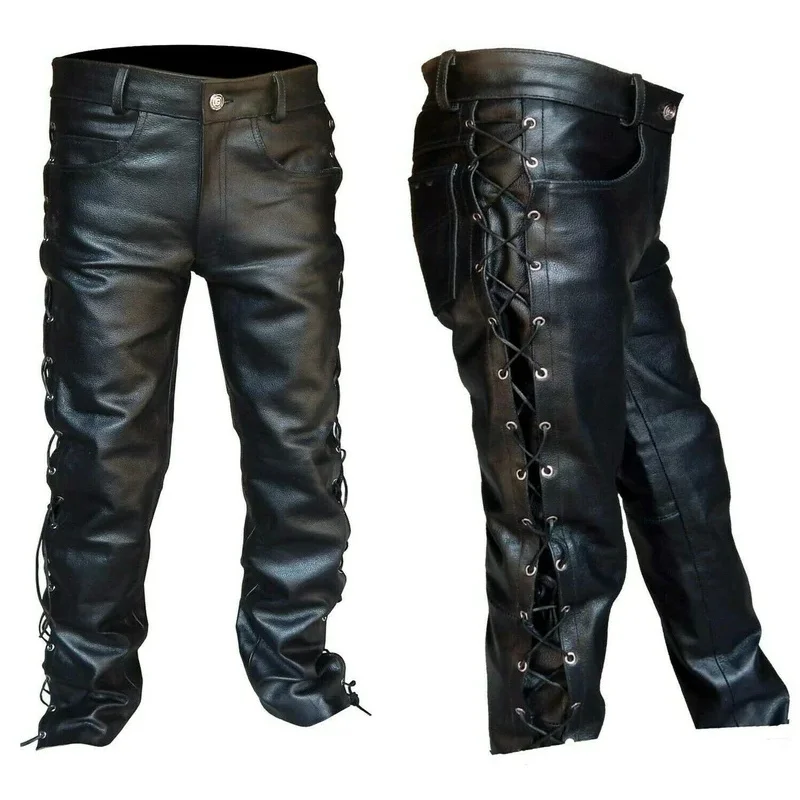 

WU01 Fashion Mens Leather Pants Locomotive Punk Style Pants for Men Winter Mens Pants Medieval Retro Bandage Black PantsJk5*！