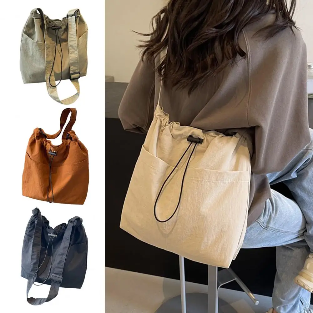 Fashion Women Casual Crossbody Bucket Bag Adjustable Strap Drawstring Nylon Handbag Tote for Gym Travel Waterproof Shoulder Bag