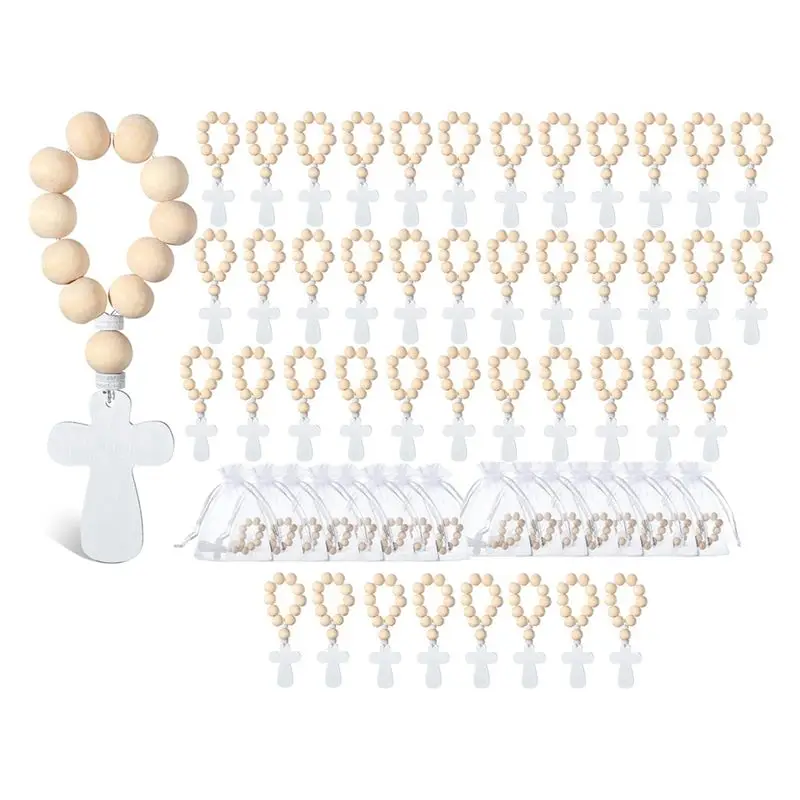 

A18P-60 Pcs Wooden Rosary With Mesh Bags Wood Rosary Beads For Baptism First Communion Confirmation Bridal Shower Baby Shower